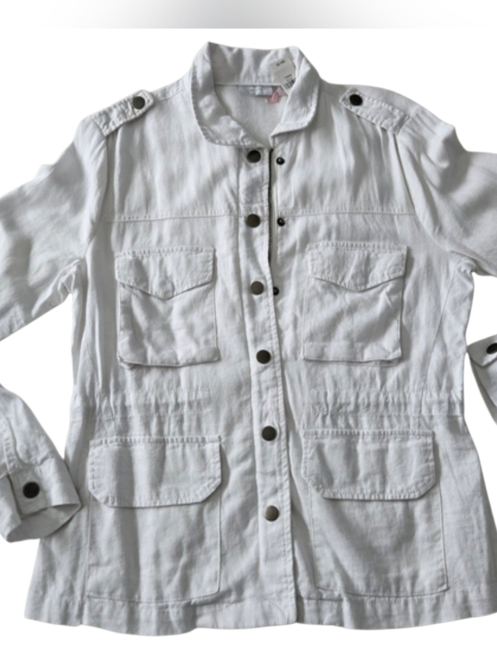 NY&Co White Linen Blend Utility Jacket Safari Style Drawstring Small NWT